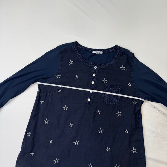 Tempo Paris Navy Star Cotton Linen Blend Blouse Women's Medium Celestial Boho - Picture 10 of 13